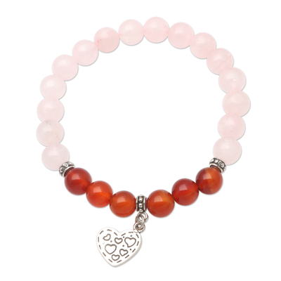 Rose Quartz and Carnelian Heart-Motif Charm Bracelet