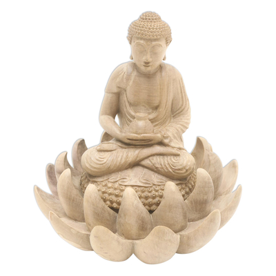 Hibiscus Wood Buddha and Lotus Flower Sculpture