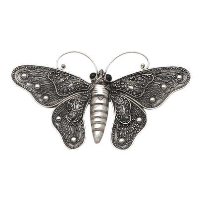 Sterling Silver and Onyx Butterfly Brooch