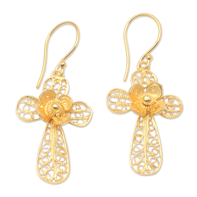 Gold-Plated Cross-Motif Dangle Earrings