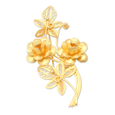 Gold-Plated Filigree Floral Brooch