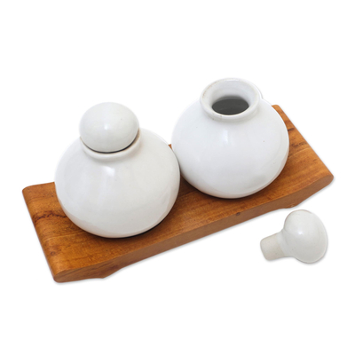 Hand Crafted White Ceramic and Teak Wood Bathroom Set