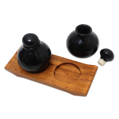 Handmade Black Ceramic and Teak Wood Bathroom Set
