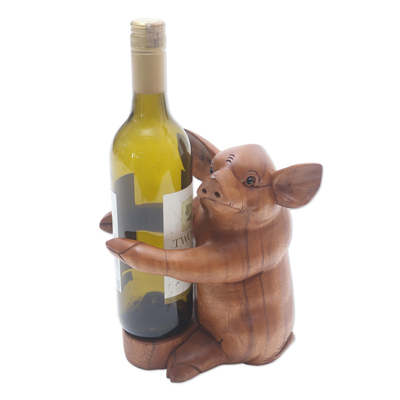 Hand Made Suar Wood Pig Wine Holder