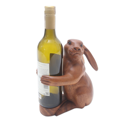 Hand Crafted Suar Wood Rabbit Wine Holder