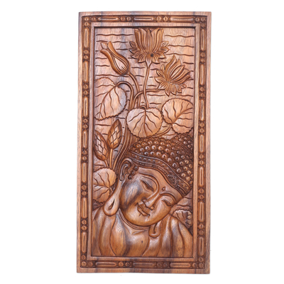 Handmade Suar Wood Buddha Relief Panel