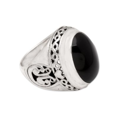 Unisex Onyx and Sterling Silver Cocktail Ring