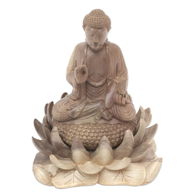 Hibiscus Wood Buddha and Lotus Sculpture