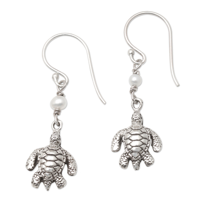 Cultured Pearl and Sterling Silver Turtle Earrings