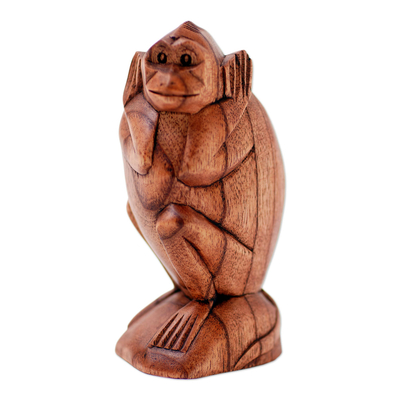 Hand Carved Suar Wood Monkey Sculpture