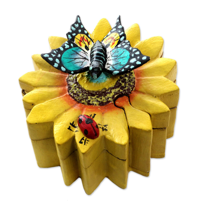 Handmade Sunflower Suar Wood Jewelry Box