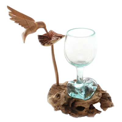 Handblown Glass and Jempinis Wood Hummingbird Sculpture