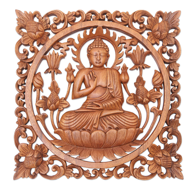 Hand Made Suar Wood Buddha-Motif Relief Panel
