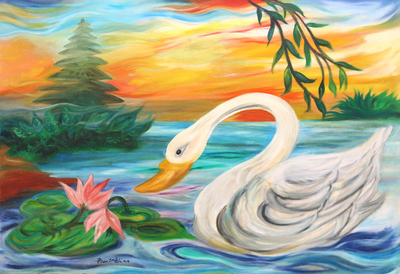 Oil on Canvas Swan Painting