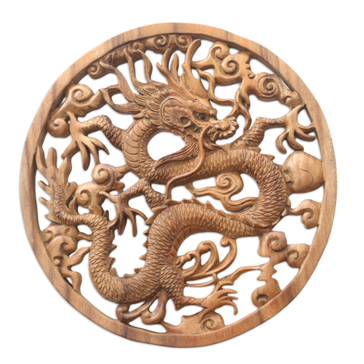 Hand Carved Suar Wood Dragon-Motif Relief Panel