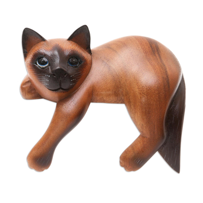 Hand Carved Wood Chocolate Siamese Cat Statuette