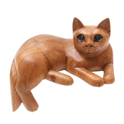 Artisan Crafted Suar Wood Cat Statuette