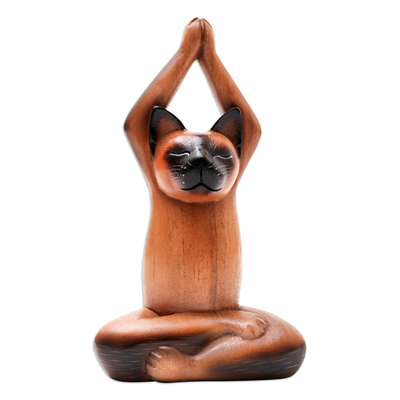 Suar Wood Yoga-Themed Cat Statuette