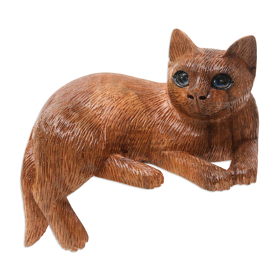 Artisan Made Suar Wood Cat Statuette