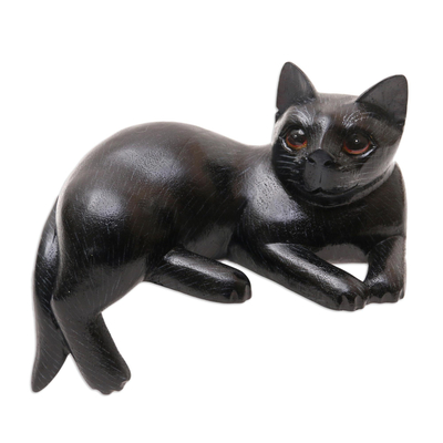 Black Suar Wood Cat Statuette from Bali