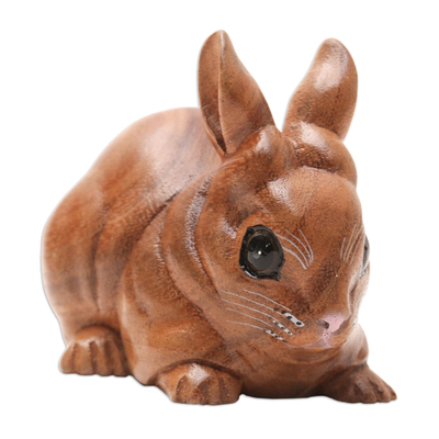 Hand Carved Suar Wood Bunny Statuette