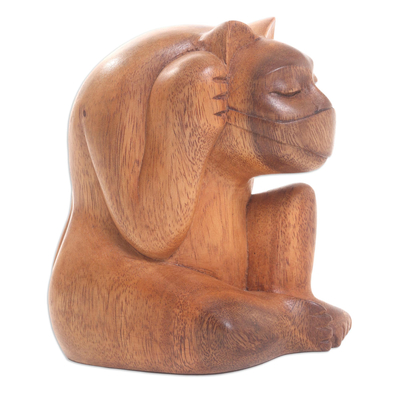 Hand Carved Suar Wood Cat Statuette