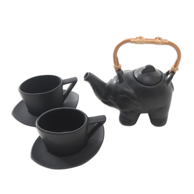 Black Ceramic and Bamboo Elephant Tea Set (5 Pcs)