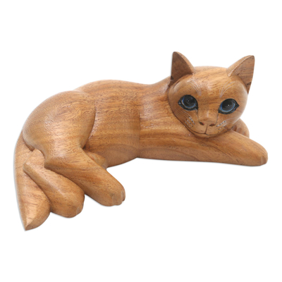 Hand Carved Suar Wood Cat Statuette