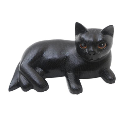Hand Crafted Suar Wood Cat Statuette
