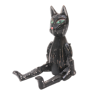 Black Albesia Wood Cat Statuette from Bali