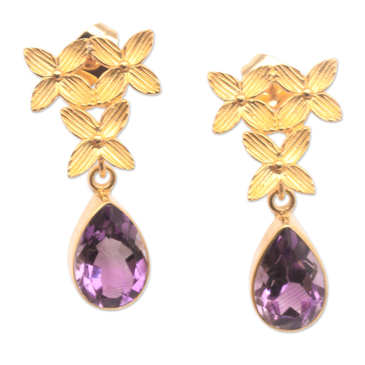 Gold-Plated Amethyst Earrings with Floral Motif