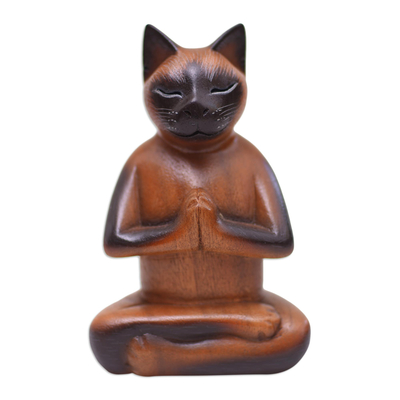 Brown Raintree Wood Figure of a Cat in Lotus Position