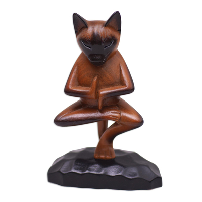 Hand Carved Suar Wood Figure of a Cat in Yoga Position