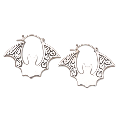 Sterling Silver Hoop Earrings with Bat Motif