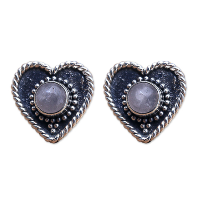 Rainbow Moonstone Stud Earrings with Heart Motif