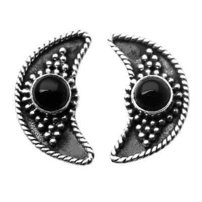 Onyx Button Earrings with Crescent Moon Motif