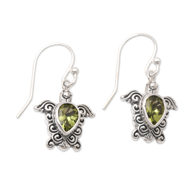 Handcrafted Peridot Dangle Earrings with Turtle Motif