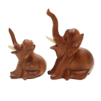 Hand Carved Suar Wood Elephant Statuettes (Pair)