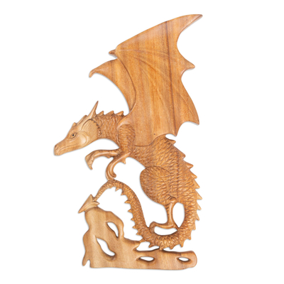 Hand Made Suar Wood Relief Panel with Dragon Motif
