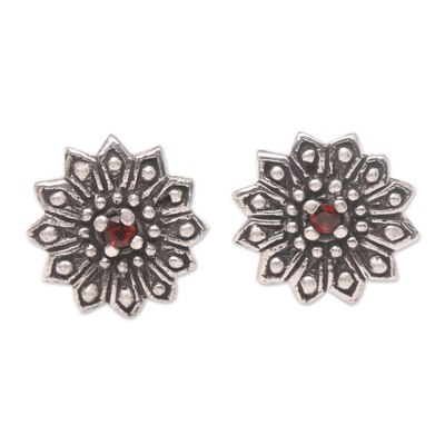 Garnet and Sterling Silver Flower Earrings