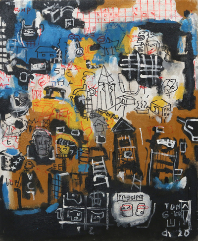 Indonesian Mixed Media Painting with City Motif