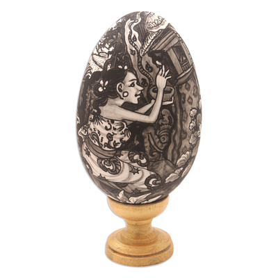 Hand-Painted Wood Egg Sculpture with Hindu Theme