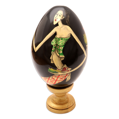 Hand-Painted Wood Egg Sculpture with Bali Offering Motif