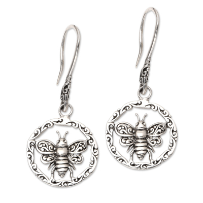 Handmade Sterling Silver Dangle Earrings with Bee Motif