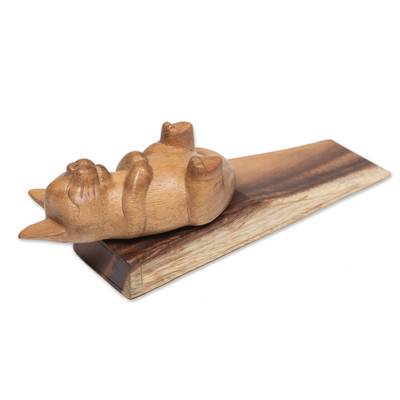 Handcrafted Sleeping Cat Wood Door Stop from Bali
