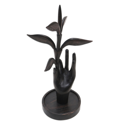 Hand Carved Wood Jewelry Stand with Leaf Motif