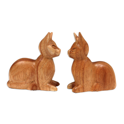 Balinese Hand-Carved Jempinis Wood Cat Sculptures (Pair)