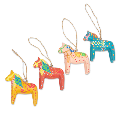 Set of 4 Artisan-Painted Christmas Horse Ornaments