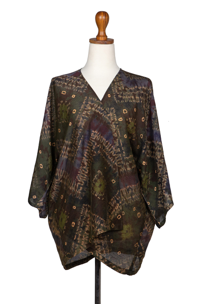 Handwoven Thai Silk Kimono Jacket with Batik Jumputan Motifs