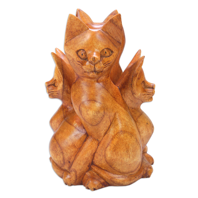 Hand Carved Suar Wood Cat Statuette from Bali